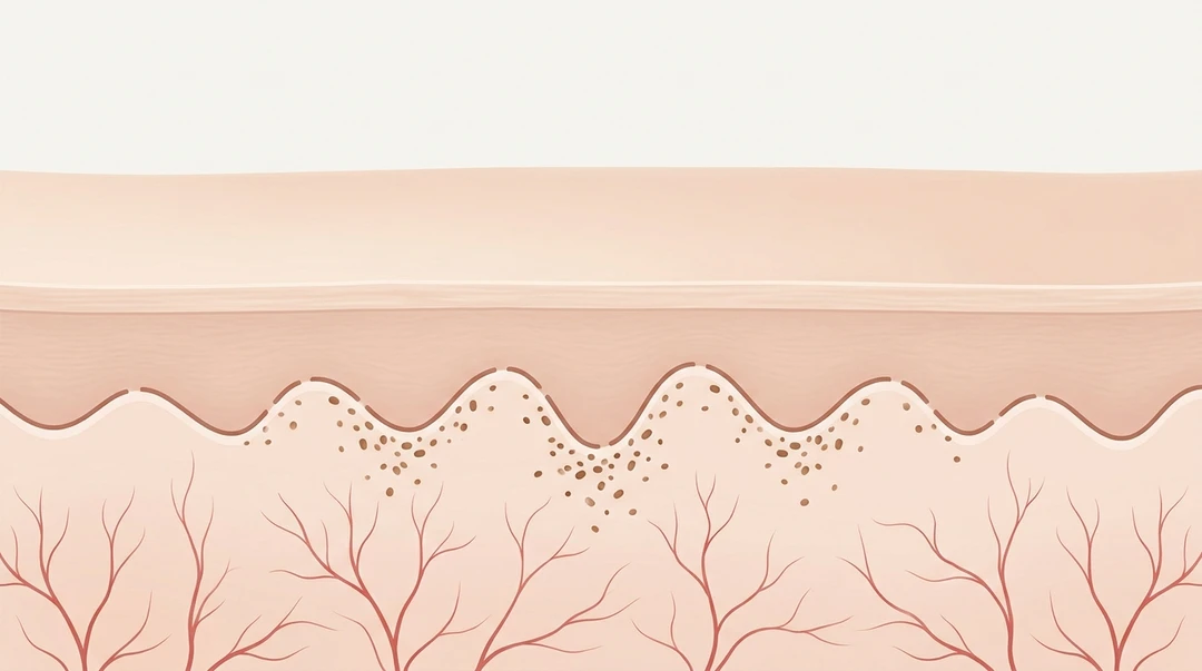 Cross-section illustration of melasma-affected skin: an evenly toned surface above a damaged basement membrane, with pigment granules dropped into the dermis and increased blood vessels below