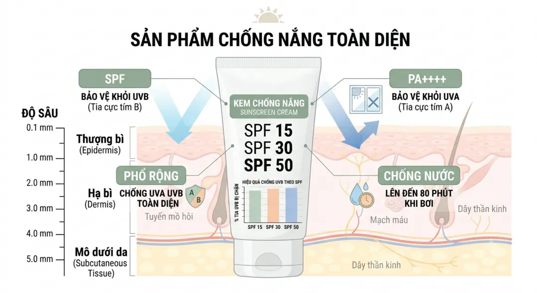 Giải thích chỉ số SPF, PA và quang phổ rộng trên nhãn kem chống nắng