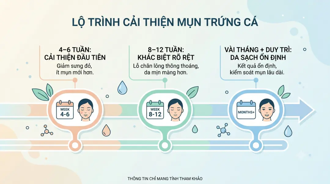 Lộ trình cải thiện mụn ẩn: 4–6 tuần, 8–12 tuần, vài tháng