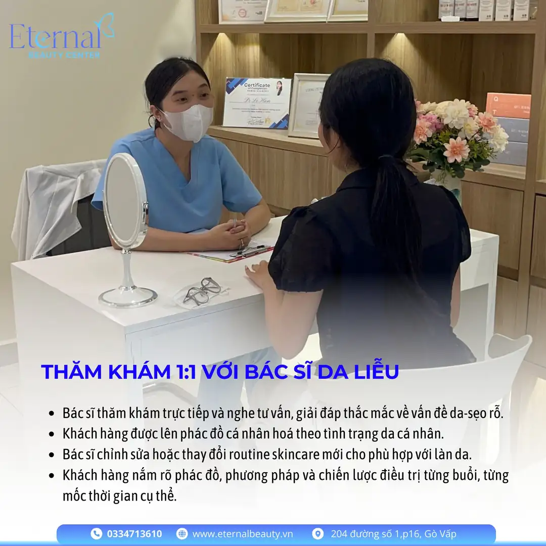 Bác sĩ Lê Hiền tư vấn 1:1 cùng khách hàng về phác đồ xử lý sẹo rỗ