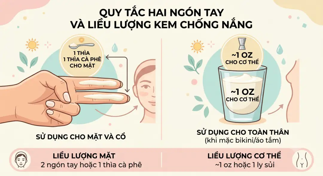 Quy tắc hai ngón tay và lượng kem chống nắng đủ dùng cho mặt và cơ thể