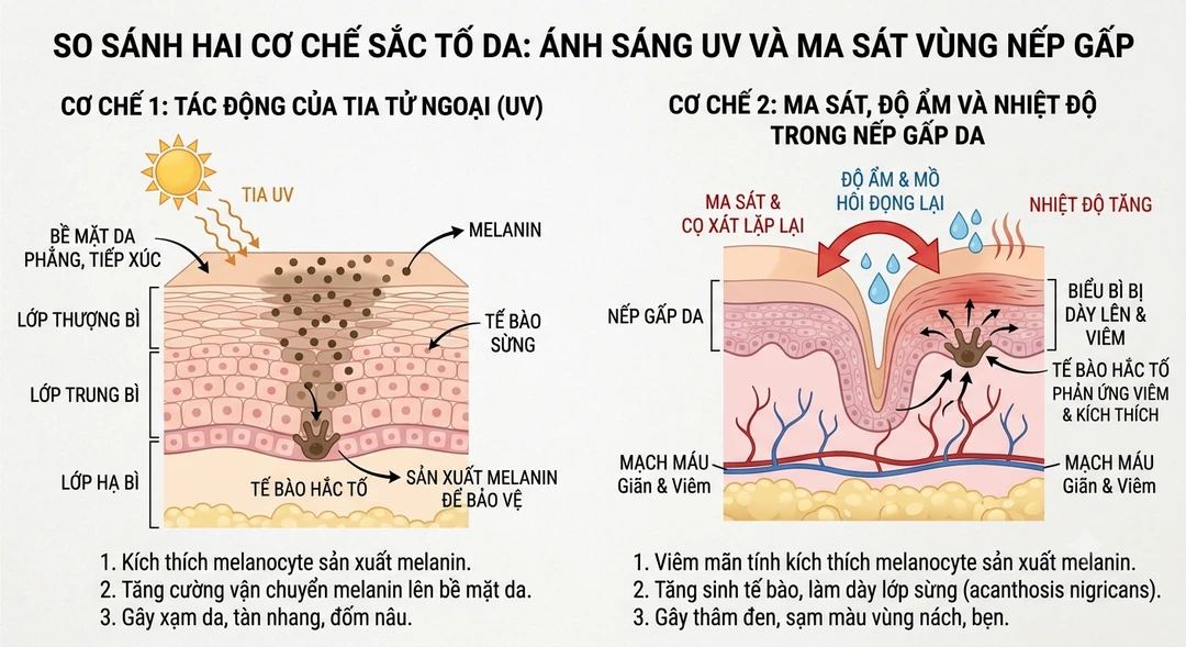 Sơ đồ so sánh hai cơ chế sinh sắc tố — bên trái tia tử ngoại tác động lên mặt da phẳng tiếp xúc, bên phải ma sát, độ ẩm và nhiệt độ tăng bên trong nếp gấp da làm biểu bì dày lên và viêm