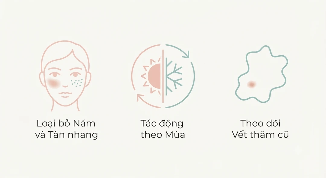 Minh họa cách tự nhận biết loại tăng sắc tố tại nhà: đối xứng hay rời rạc, thay đổi theo mùa, có theo dấu mụn cũ