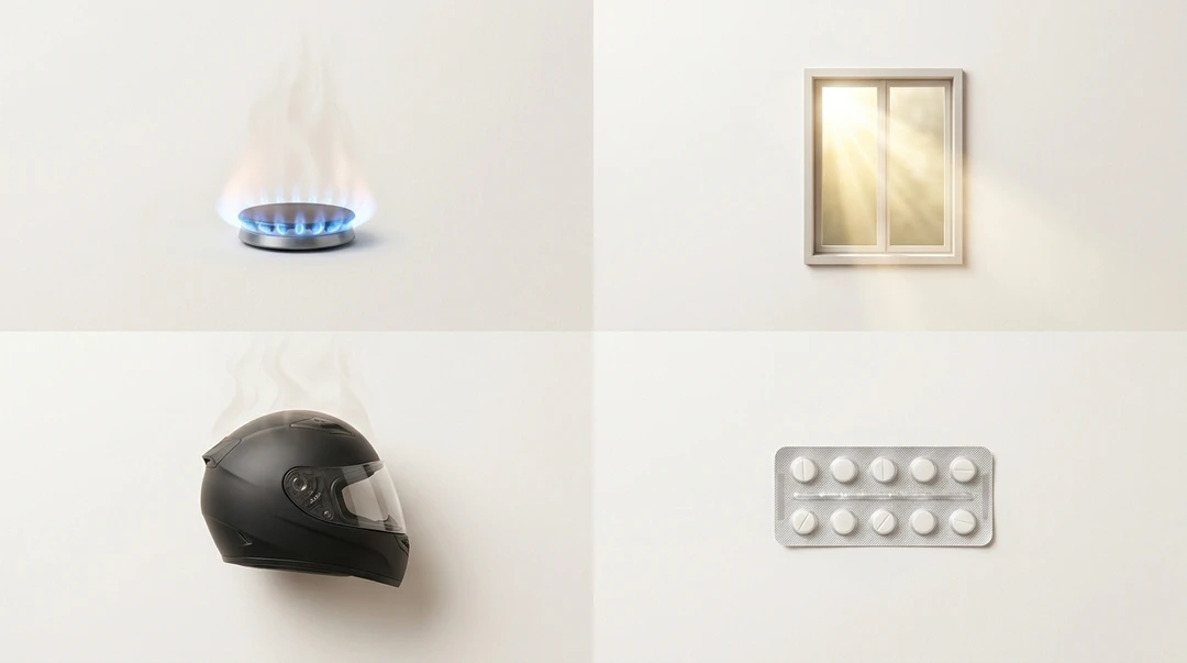 Illustration of melasma relapse triggers beyond direct sun: heat from a stove, light through window glass, heat while riding a motorbike, and photosensitising medication
