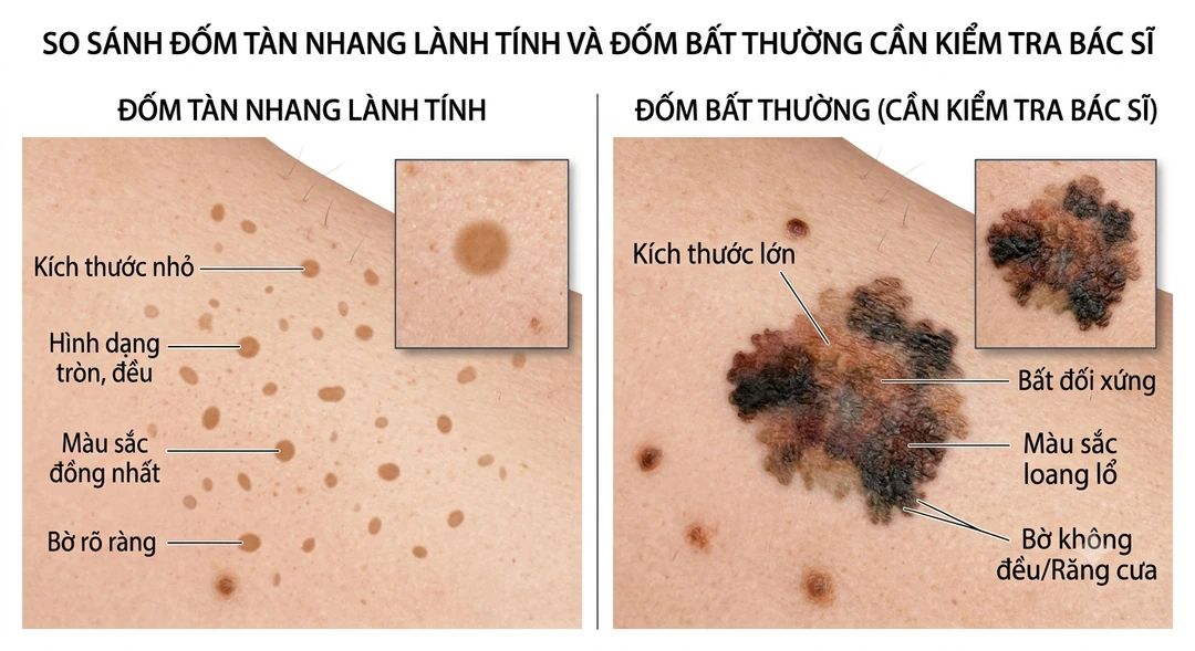 So sánh đốm tàn nhang lành tính (nhỏ, tròn đều, màu đồng nhất, bờ rõ) với đốm bất thường cần kiểm tra bác sĩ (kích thước lớn, bất đối xứng, màu loang lổ, bờ răng cưa)