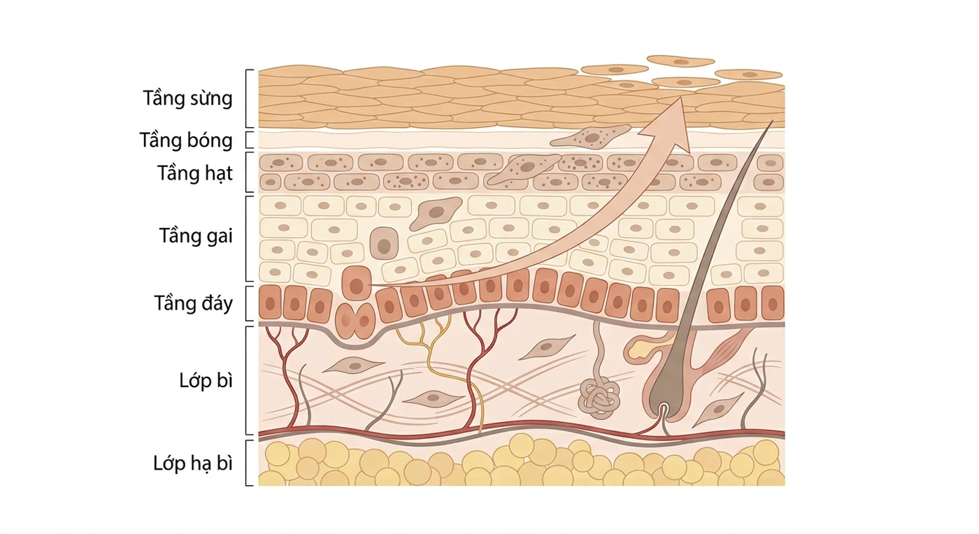 Tế bào sừng mất khoảng 28 ngày để đi từ lớp đáy lên bề mặt da, và toàn bộ thượng bì cần khoảng 40–45 ngày để thay mới — cơ sở của khoảng cách 2–4 tuần giữa các buổi peel