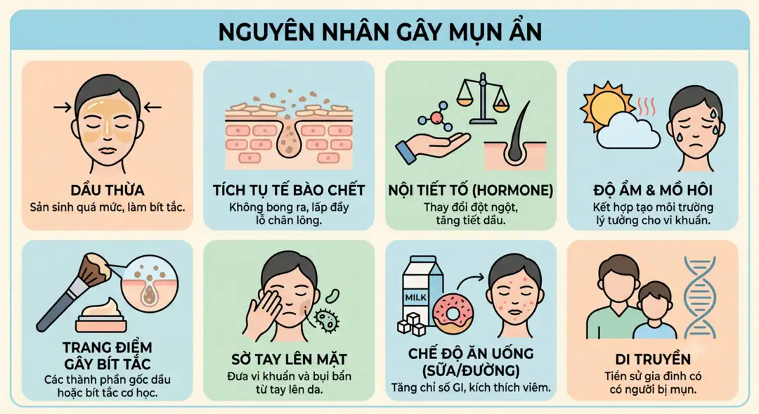 Các nguyên nhân gây mụn ẩn: dầu thừa, tế bào chết, nội tiết, độ ẩm, mỹ phẩm, chạm tay, chế độ ăn, di truyền