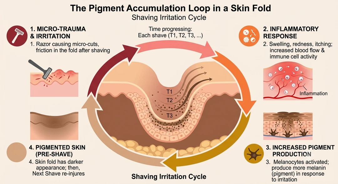 Four-step loop diagram in a skin fold — micro-trauma from shaving, inflammatory response, increased pigment production, then the next shave repeating the cycle, with pigment accumulating across T1, T2 and T3
