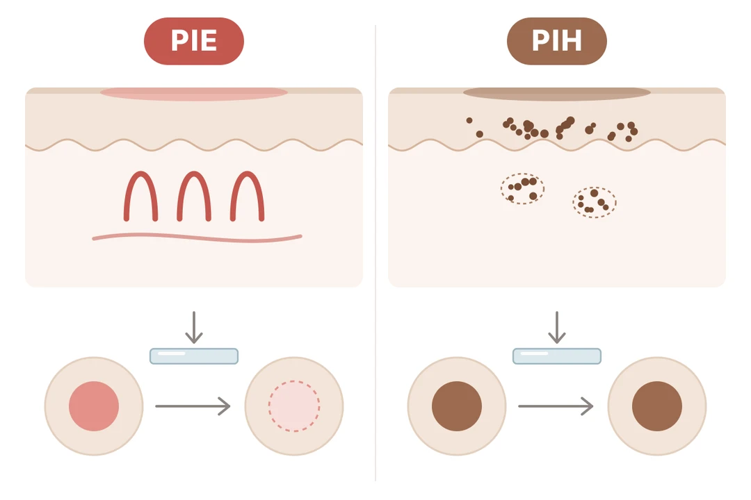 Sơ đồ so sánh thâm đỏ (PIE) do mao mạch giãn ở lớp bì nông với thâm nâu (PIH) do melanin tích tụ ở thượng bì và lớp bì; phía dưới là nghiệm pháp ấn kính: vết đỏ nhạt đi khi bị ấn, vết nâu giữ nguyên