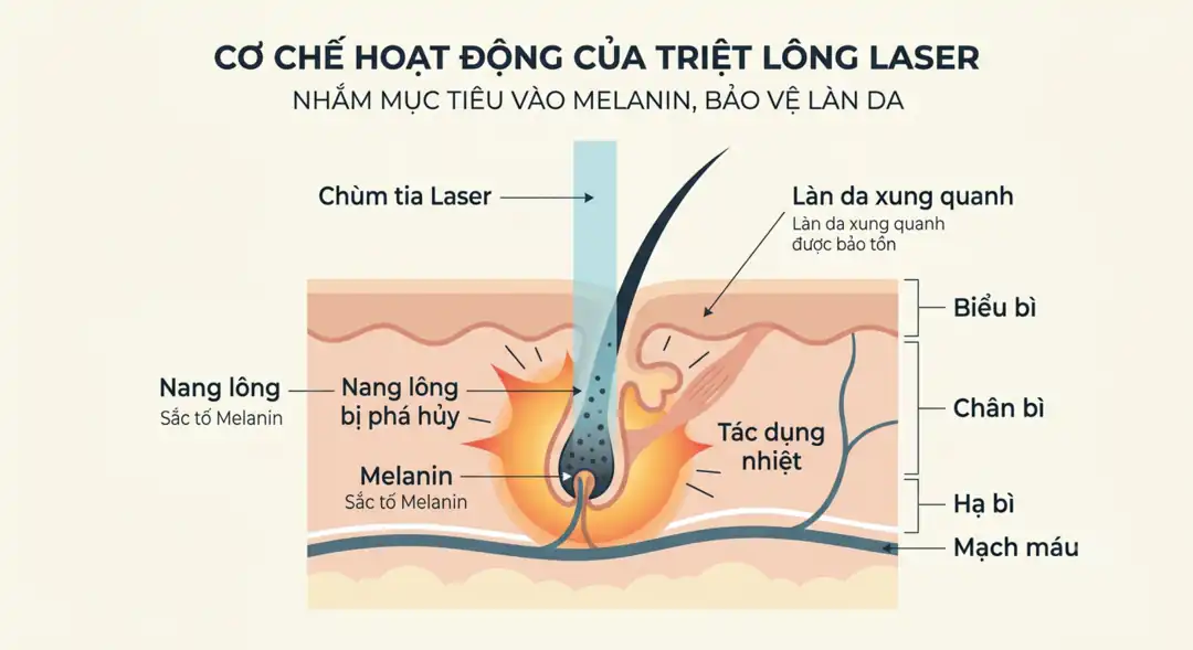 Sơ đồ cơ chế triệt lông laser: tác động chọn lọc vào melanin trong nang lông