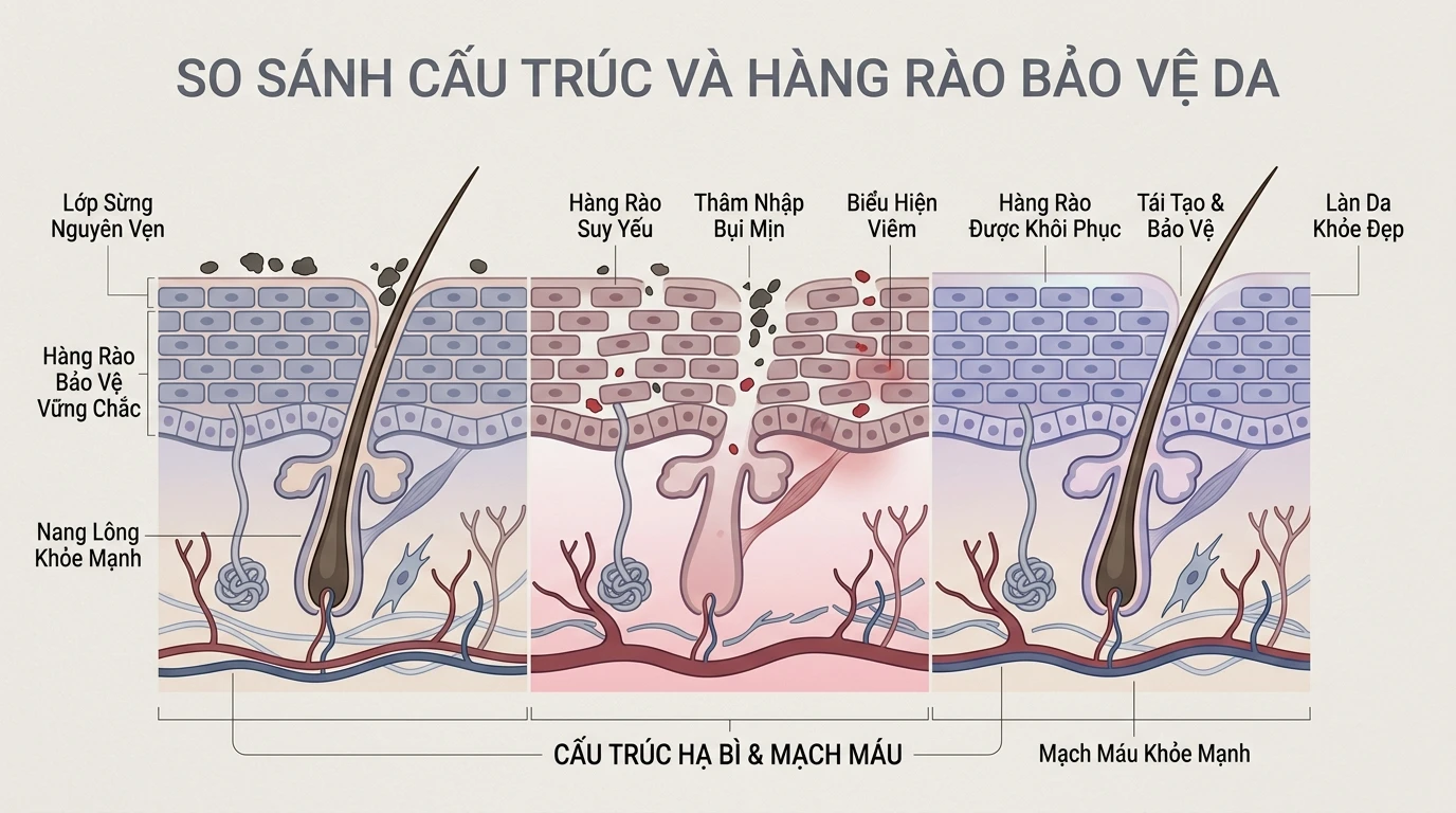 Minh họa ba trạng thái hàng rào da: lớp sừng nguyên vẹn giữ bụi mịn ở bề mặt; hàng rào suy yếu để bụi thâm nhập và gây viêm; hàng rào được phục hồi