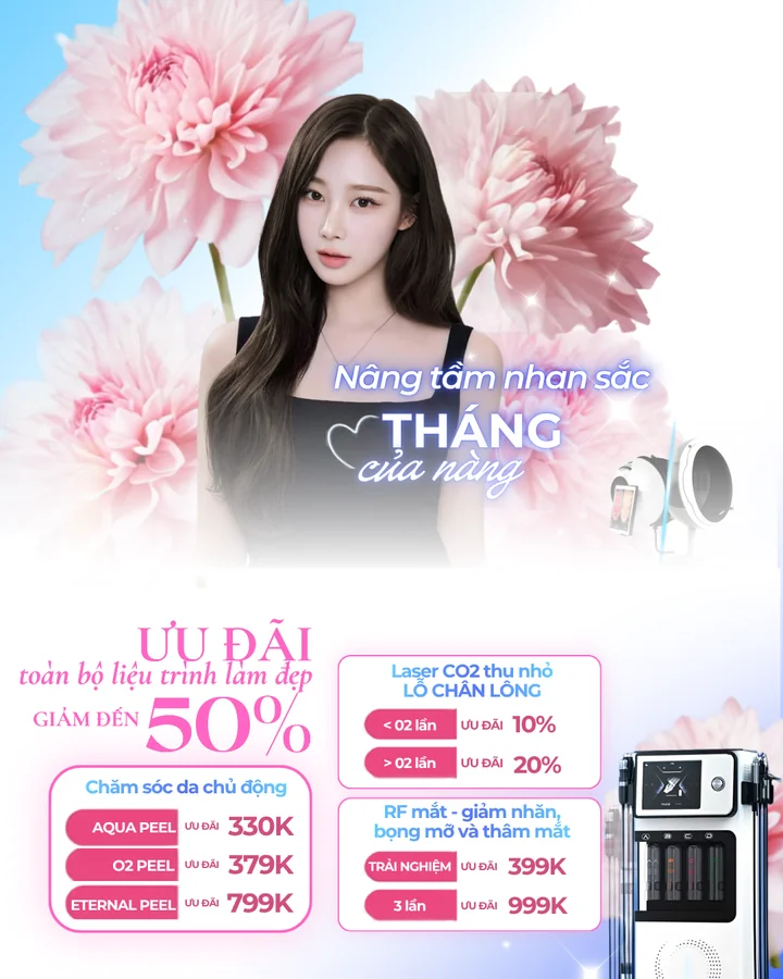 Banner ưu đãi Tháng của nàng 20/10 tại Eternal Beauty Center: toàn bộ liệu trình làm đẹp giảm đến 50%, gồm chăm sóc da chủ động Aqua Peel 330K, O2 Peel 379K, Eternal Peel 799K; Laser CO2 thu nhỏ lỗ chân lông ưu đãi 10% đến 20% theo số lần đăng ký; RF mắt giảm nhăn, bọng mỡ và thâm mắt với buổi trải nghiệm 399K và gói 3 lần 999K