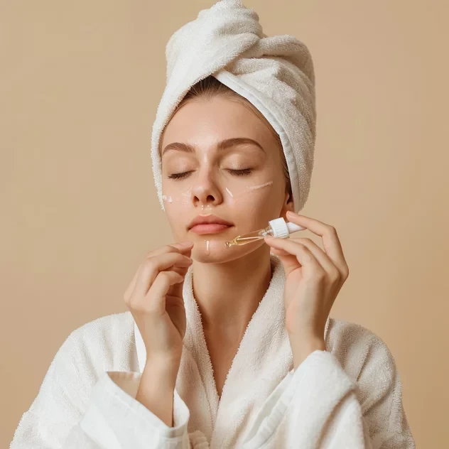 Applying serum from a dropper to freshly cleansed skin — the treatment layer sits closest to the skin, before moisturiser