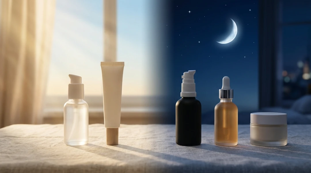 Illustration of splitting actives by time of day: vitamin C and sunscreen in the morning for protection, retinol or AHA/BHA at night for renewal