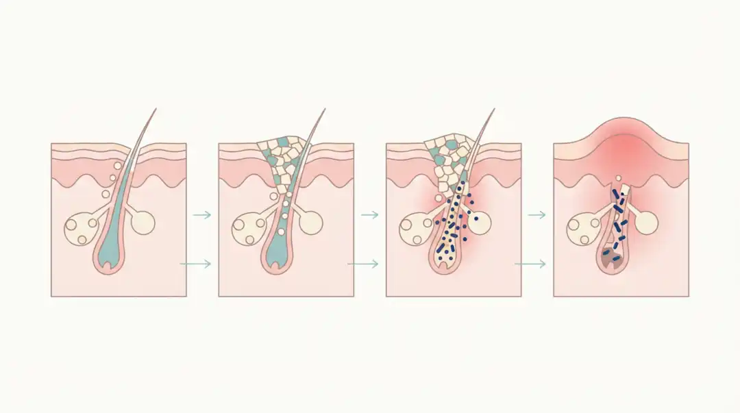 Illustration of how acne forms: excess sebum, a clogged follicle, C. acnes bacteria, and inflammation