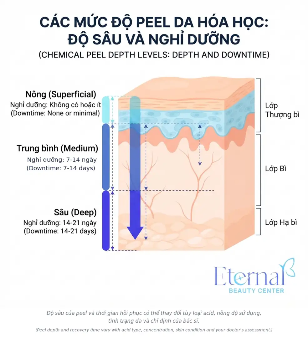 Sơ đồ 3 cấp độ peel da: peel nông, peel trung bình và peel sâu tác động vào các lớp da khác nhau