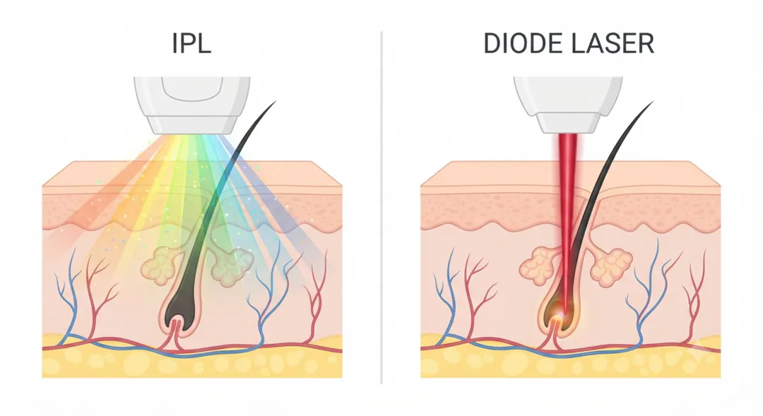 Scattered broadband IPL light versus a focused single-wavelength diode laser beam reaching the follicle