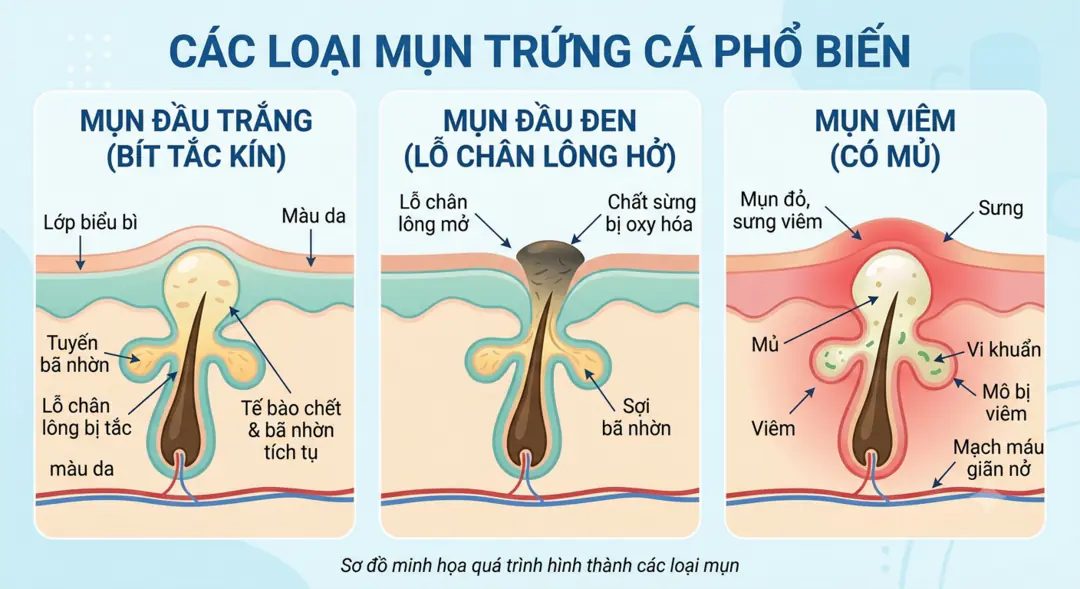 Sơ đồ phân biệt các loại mụn: mụn đầu trắng (nhân đóng), mụn đầu đen và mụn viêm