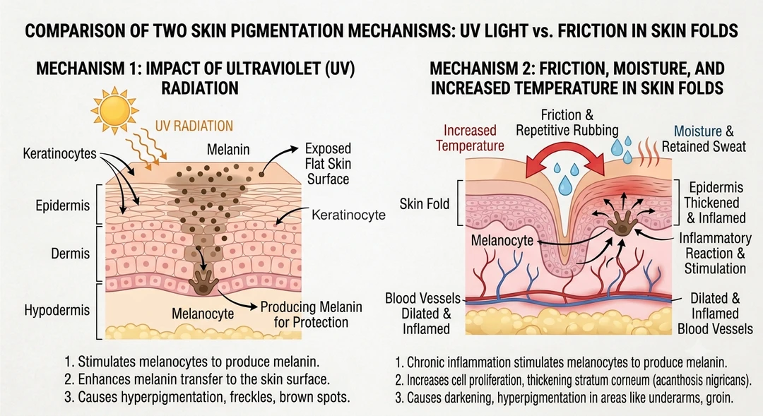 Diagram comparing two pigmentation mechanisms — ultraviolet radiation acting on an exposed flat skin surface on the left, and friction, moisture and raised temperature inside a skin fold thickening and inflaming the epidermis on the right