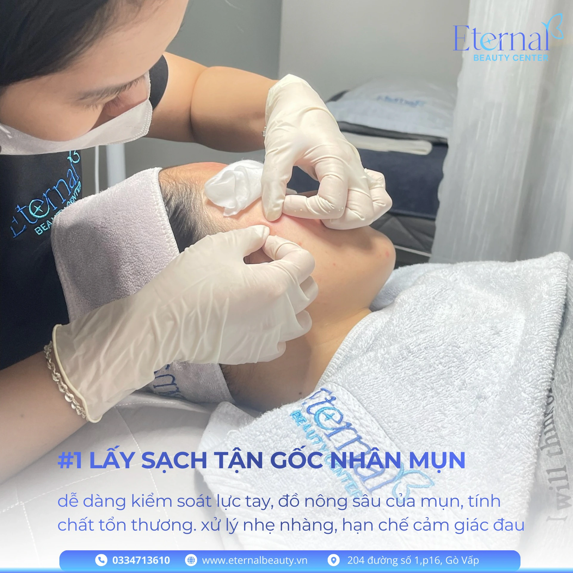 Eternal therapist performing clinical-grade manual acne extraction