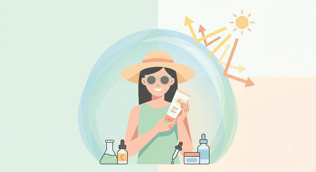 Illustration of sun protection for melasma-prone skin: a wide-brimmed hat, sunglasses, and sunscreen shielding sun rays