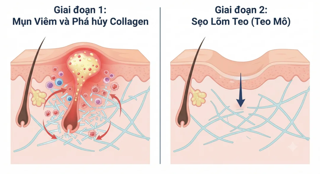 How atrophic scars form: inflammation destroys dermal collagen, leaving a depression as the skin heals