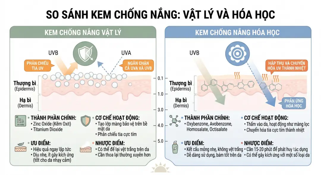 So sánh kem chống nắng vật lý và kem chống nắng hóa học
