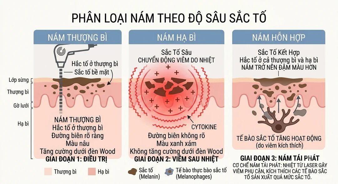 Minh họa cơ chế rebound: laser gây viêm do nhiệt khiến nám tái phát đậm hơn