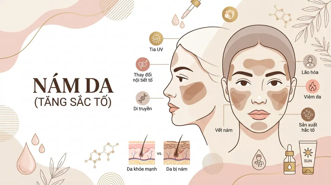 Tổng quan nám da: vết tăng sắc tố trên mặt và các yếu tố gây nám như tia UV, nội tiết, di truyền