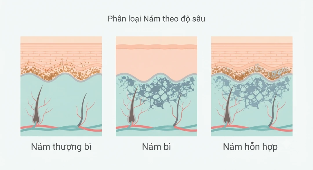 Minh họa ba dạng nám theo độ sâu sắc tố: nám thượng bì (nông), nám trung bì (chân sâu) và nám hỗn hợp