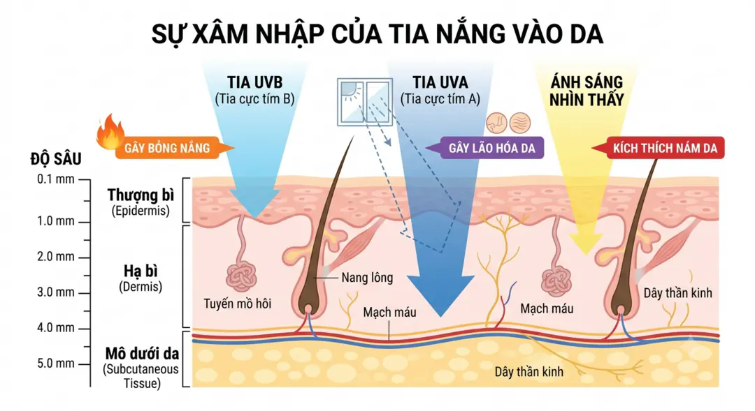 Sơ đồ tia UVA, UVB và ánh sáng khả kiến xâm nhập vào các lớp da