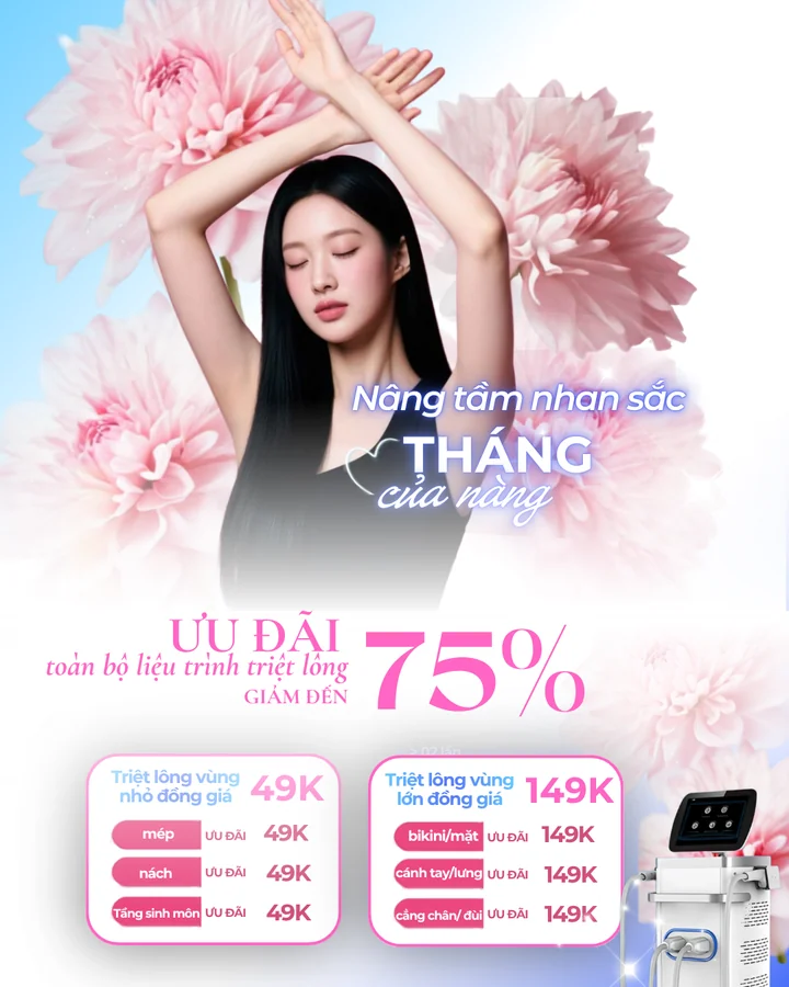 Banner ưu đãi Tháng của nàng 20/10 tại Eternal Beauty Center: toàn bộ liệu trình triệt lông giảm đến 75%; triệt lông vùng nhỏ đồng giá 49K gồm mép, nách, tầng sinh môn; triệt lông vùng lớn đồng giá 149K gồm bikini hoặc mặt, cánh tay hoặc lưng, cẳng chân hoặc đùi