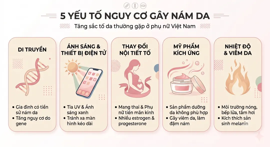Infographic năm yếu tố nguy cơ gây nám da: di truyền, tia UV, nội tiết, mỹ phẩm, nhiệt