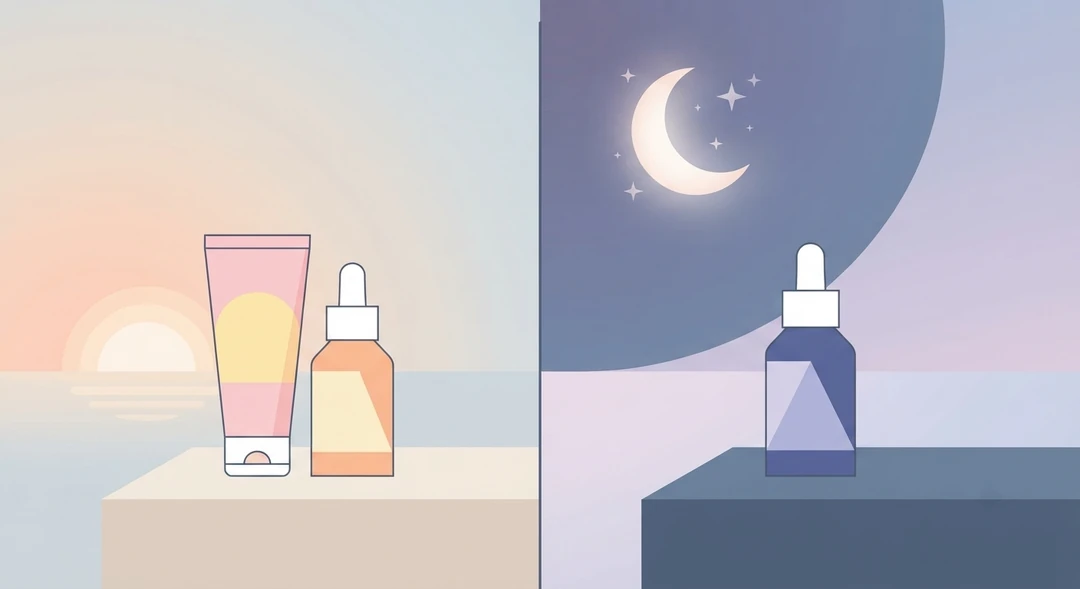 Illustration of an AM/PM melasma routine: antioxidant and sunscreen in the morning, a brightening active at night