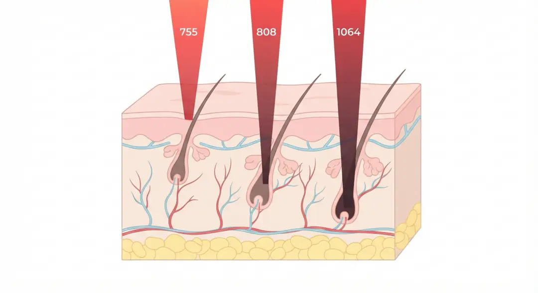 Triple-wavelength diode laser 755nm, 808nm and 1064nm reaching hair follicles at three depths