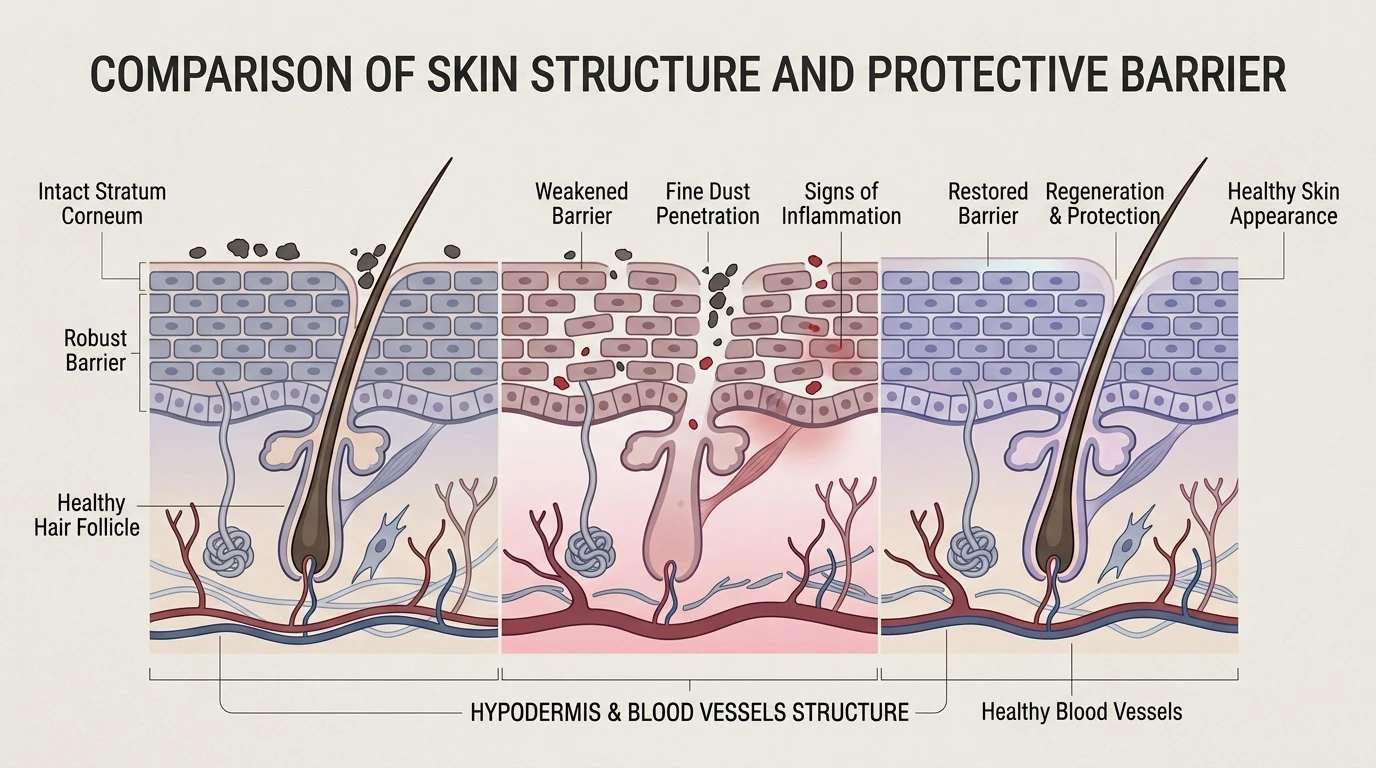 Three states of the skin barrier: an intact outer layer keeps fine dust on the surface, a weakened barrier lets particles in and triggers inflammation, and a restored barrier