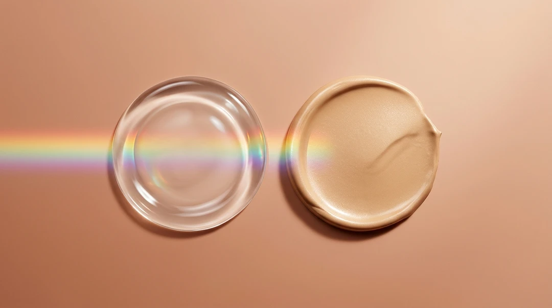 Comparison of two sunscreen swatches on a skin-toned background: the clear swatch lets visible light pass through while the iron-oxide tinted swatch blocks that band of light