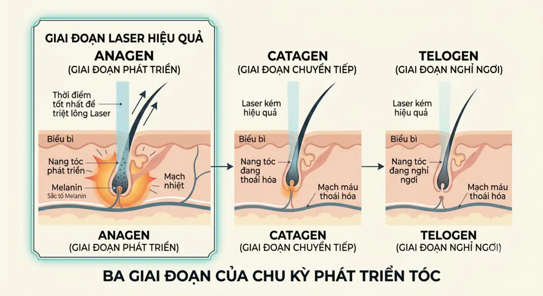 Ba giai đoạn của chu kỳ phát triển lông: anagen, catagen, telogen