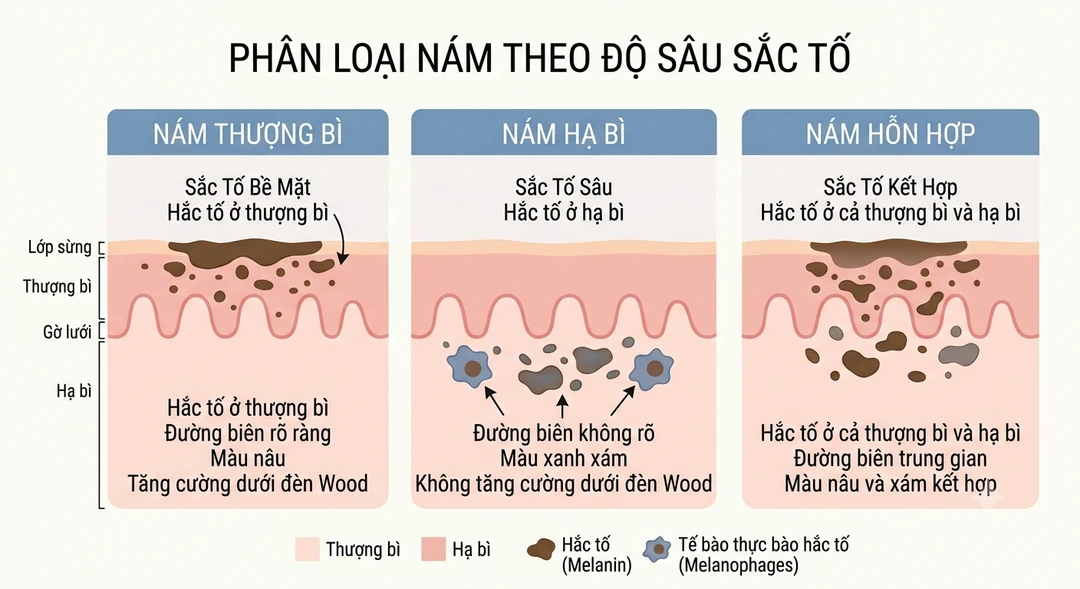 Minh họa phân loại nám theo độ sâu sắc tố: thượng bì, trung bì và hỗn hợp