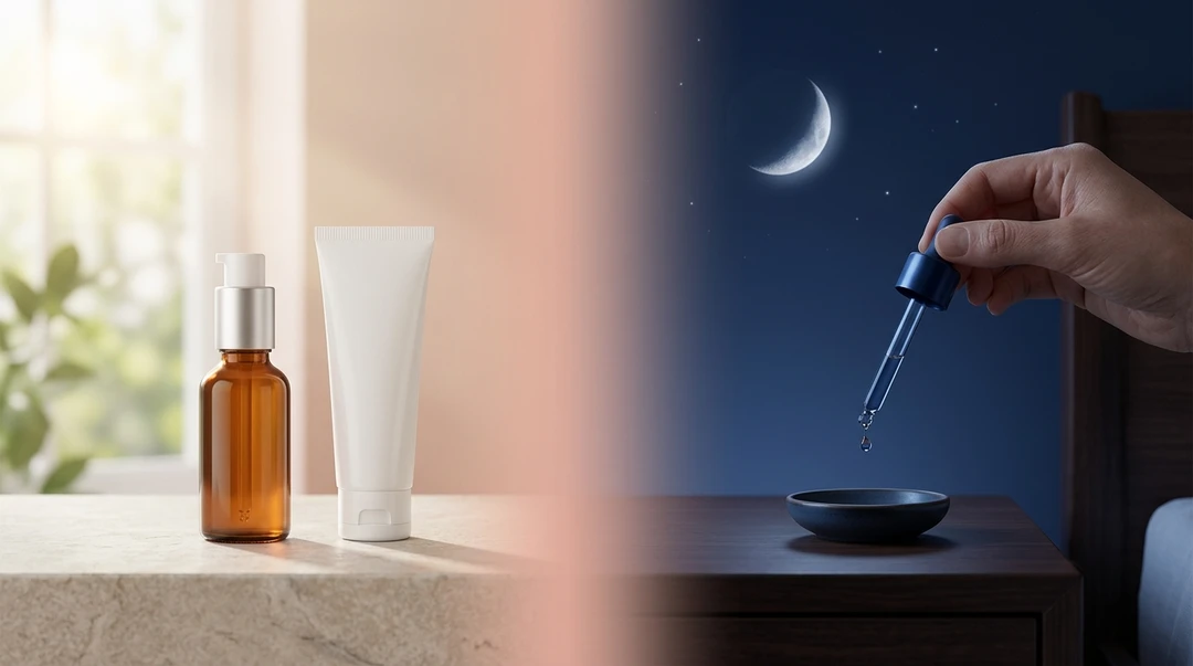 Minh hoạ ba cách kết hợp an toàn: BHA buổi sáng và retinol buổi tối, luân phiên các đêm, hoặc BHA rửa trôi trước rồi retinol để lại