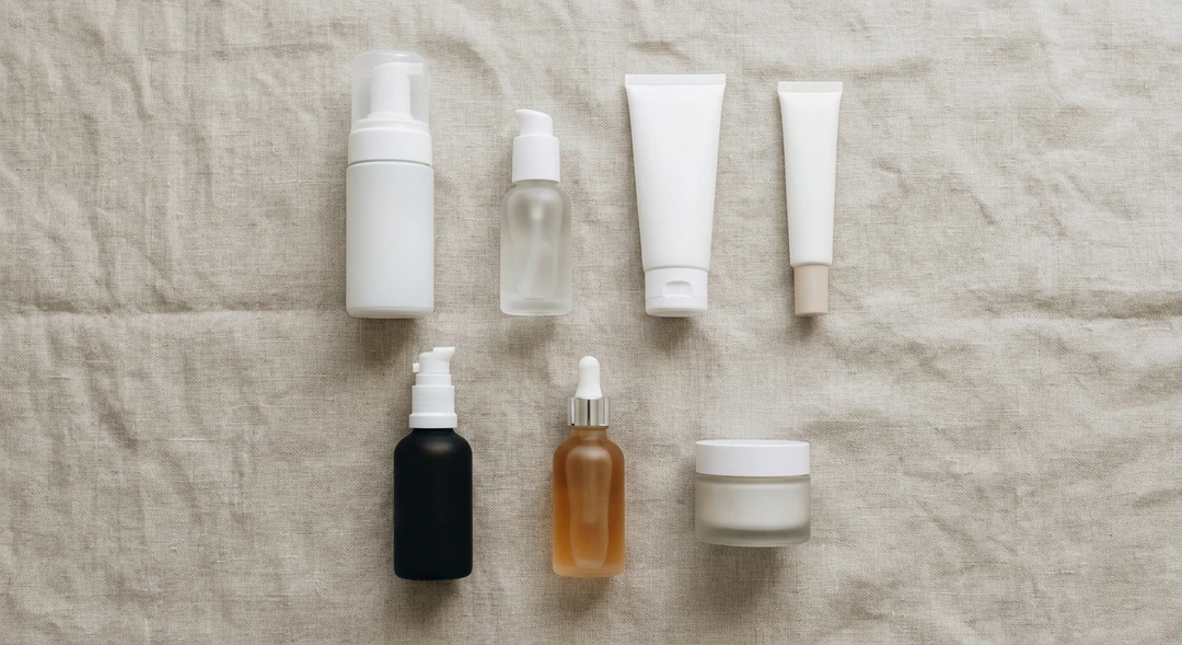 A minimalist actives routine: a morning row with cleanser, vitamin C, moisturiser and sunscreen; a night row with cleanser, retinol or AHA/BHA and moisturiser