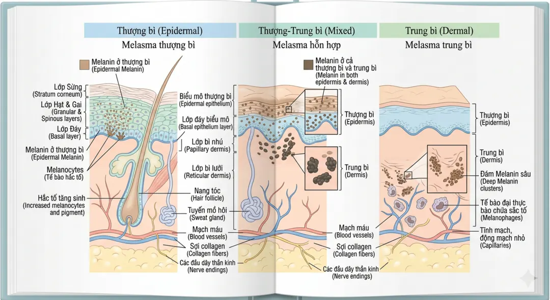 Sơ đồ lát cắt da minh hoạ ba dạng nám: thượng bì, trung bì và hỗn hợp